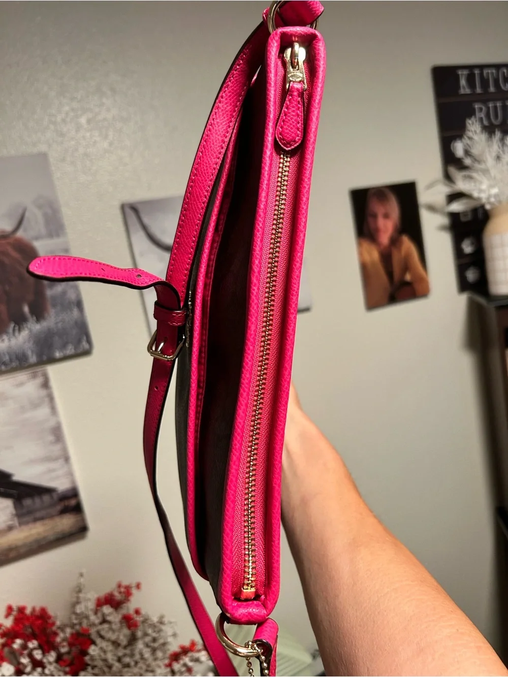 Coach Brown Signature File Bag Crossbody with Bright Fuchsia  Trim